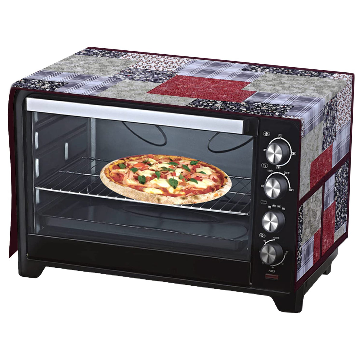 Heart Home Multicheck Printed PVC Microwave Oven Top Dust Oil Proof Cover, Protective Cover with 4 Utility Pockets (Multicolor)