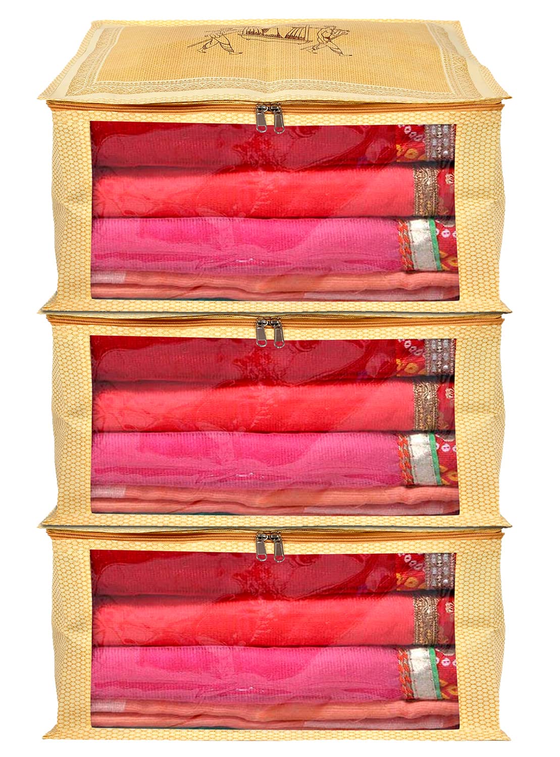 Kuber Industries Doli Printed Non-woven Foldable Saree Cover/Clothes Storage Bag/Wardrobe Organizer With Transparent Window- Pack of 3 (Gold) 54KM4175