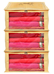 Kuber Industries Doli Printed Non-woven Foldable Saree Cover/Clothes Storage Bag/Wardrobe Organizer With Transparent Window- Pack of 3 (Gold) 54KM4175