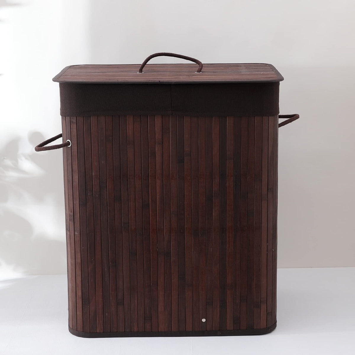 Kuber Industries Bamboo Basket With Lid|Foldable Laundry Basket For Clothes|Durable Rope Handles & Removable Bag (Dark Brown)