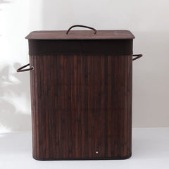 Kuber Industries Bamboo Basket With Lid|Foldable Laundry Basket For Clothes|Durable Rope Handles & Removable Bag (Dark Brown)