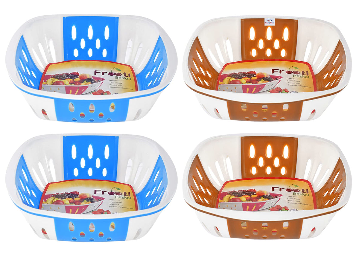 Heart Home Large Plastic Fruit, vegetable Storage Basket- Pack of 4 (Blue & Brown)-HS42KUBMART25421