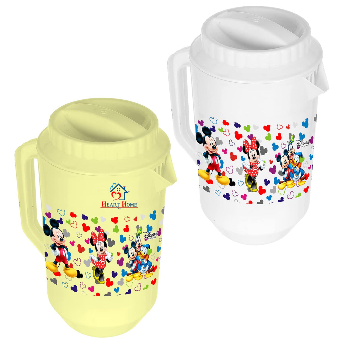 Heart Home Mickey & Friends Print Unbreakable Plastic Water Jug with Lid for Home, Kitchen, Office 2 Liter Pack of 2 (Cream & White)