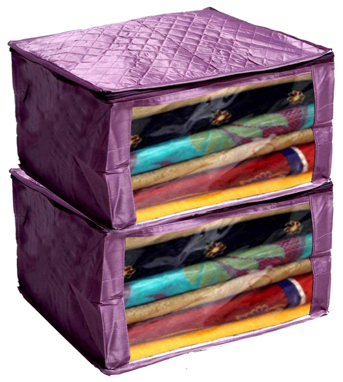 Kuber Industries Designer 2 Pieces Saree Cover Large Size in Purple Satin Material with Capacity of Upto 15 Sarees/Wedding Gift (Purple)-KUBMART2811