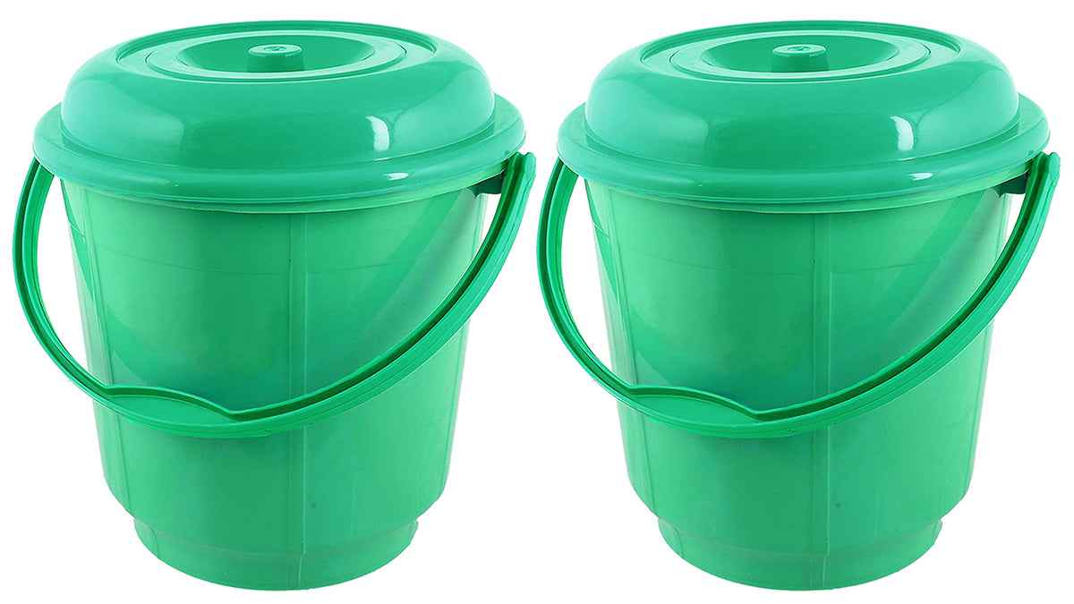 Kuber Industries Plastic Strong 16 LTR Bathroom Bucket with Lid-Pack of 2 (Green)