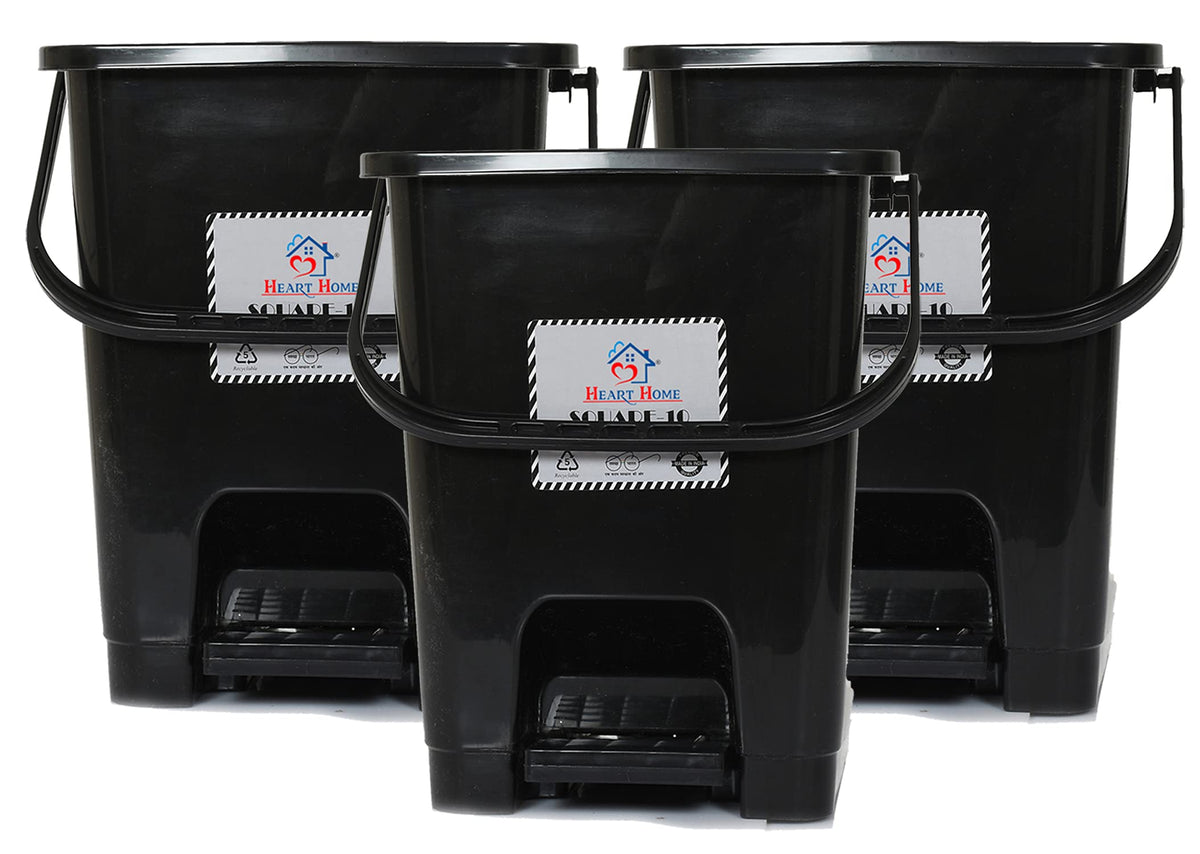 Heart Home Premium Plastic Pedal Dustbin 10 Ltr (Black)-Pack of 3