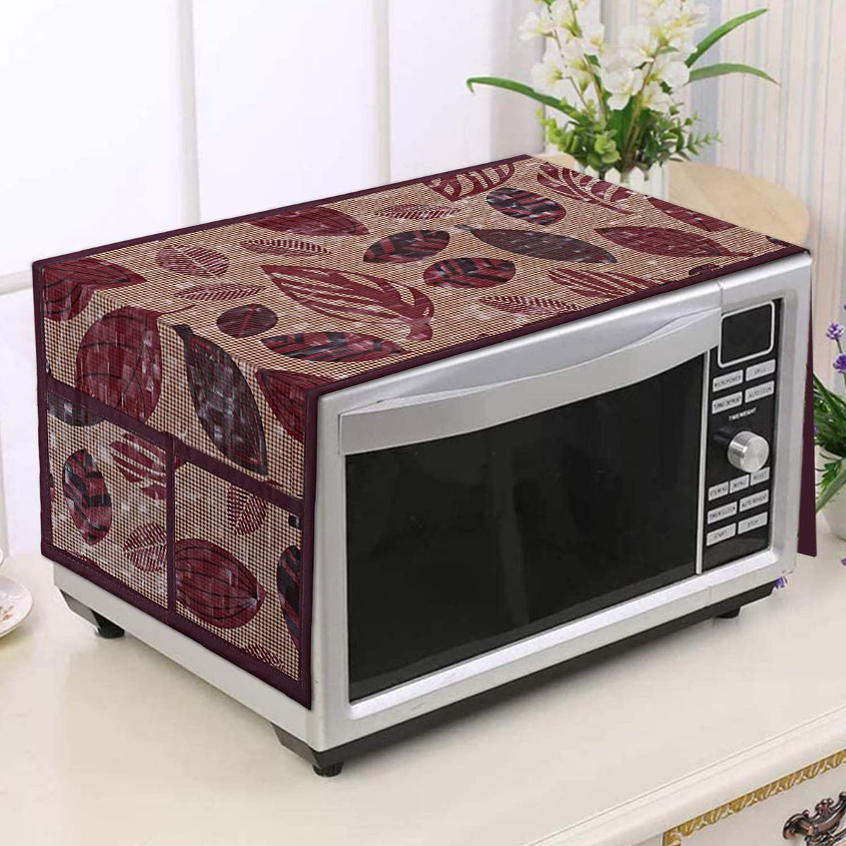 Heart Home Leaf Printed PVC Decorative Microwave Oven Top Cover with 4 Utility Pockets (Maroon)