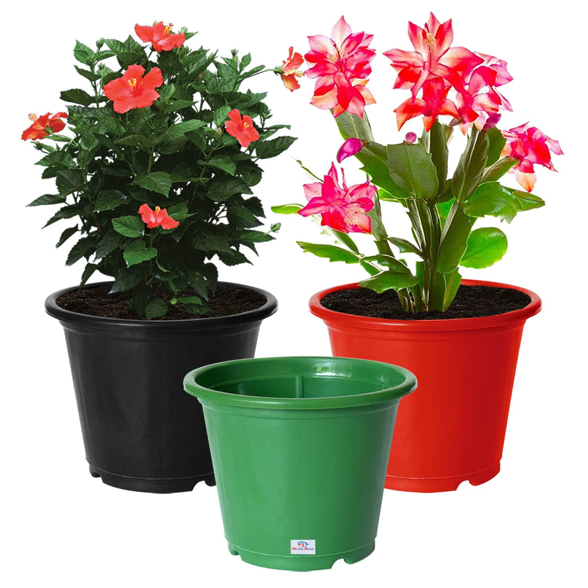 Heart Home Plastic Planters|Gamla|Flower Pots for Garden Nursery Home Décor,8"x6",Pack of 3 (Green,Red,Black)