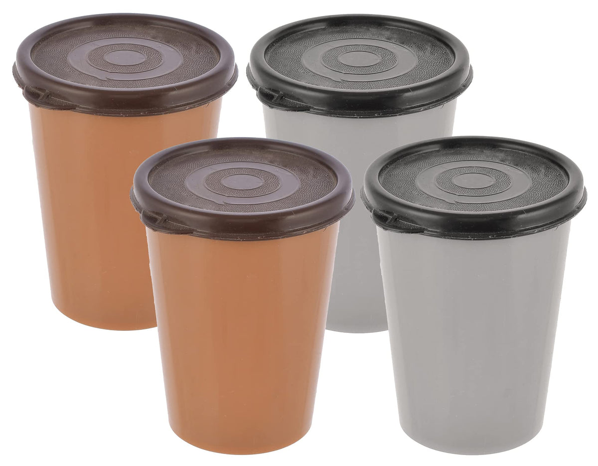Heart Home Plastic Glass/Tumbler with Lid, 300ml- Set of 4 (Grey & Coffee)-HS43HEARTH25687