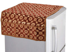 Kuber Industries Floral Design Velvet Fridge Top Cover with 4 Utility Side Pockets (Brown)-HS_38_KUBMART21078, Standard