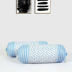 Heart Home Bolster Covers | Cotton Bolster Cover Set | Diwan Bolster Cover Set | Bolster Pillow Cover | Blue Flower Masand Cover | 16x32 Inch | Pack of 2 | White