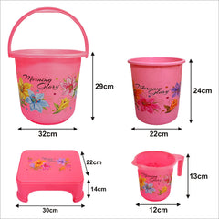 Kuber Industries Printed 4 Pieces Plastic Bucket, Dustbin, Mug & Stool Set (Pink)