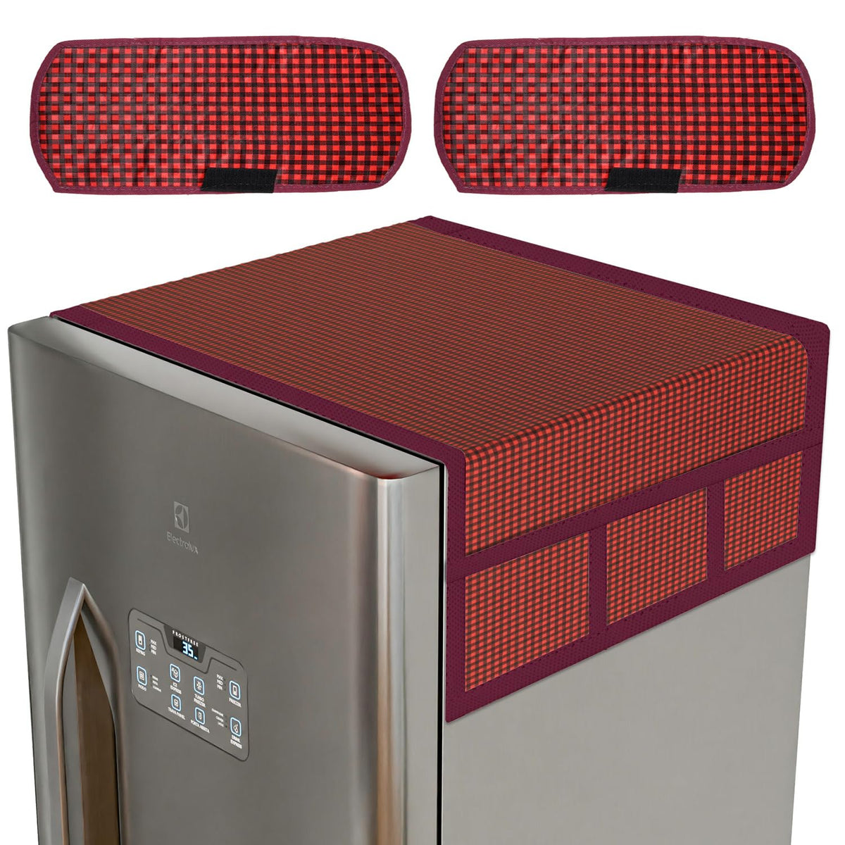 Heart Home Fridge Top Cover & Handle Cover Set | Fridge Top & Handle Cover Set | Refrigerator Cover & Handle Cover Combo Set | Barik Check Fridge & Handle Cover | Maroon