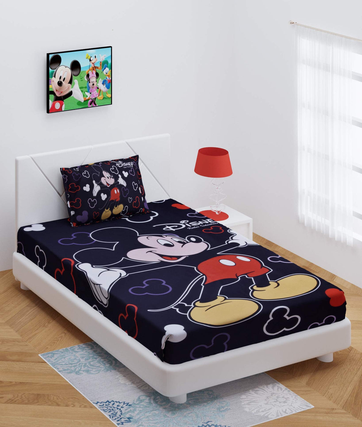 Kuber Industries Disney Mickey Print Silk Special Long Crush Single Bedsheet with 1 Pillow Cover (Black)-KUBMART010146