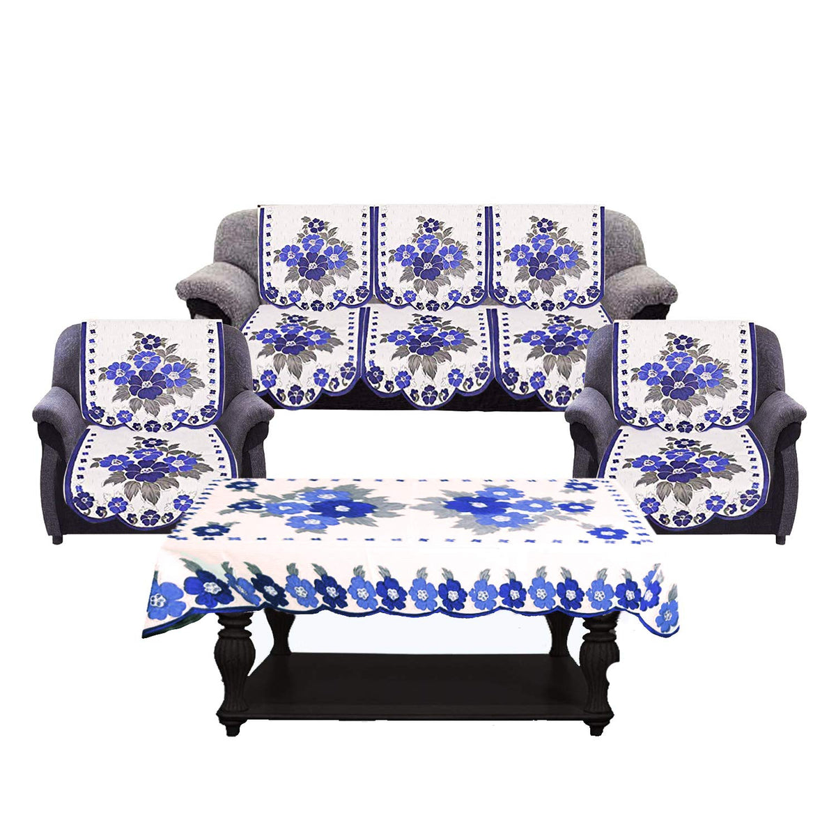 Kuber Industries Flower Cotton 7 Piece 5 Seater Sofa Cover with Center Table Cover (Blue and Cream) - CTKTC022292