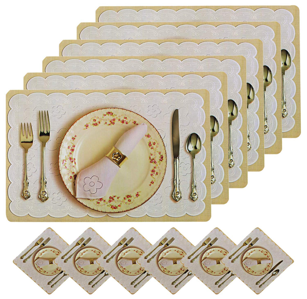 Kuber Industries Breakfast Design PVC 6 Piece Dining Table Placemat Set with Tea Coasters (Brown) CTKTC33377