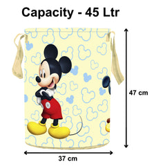 Kuber Industries Disney Team Mickey Round Non Wovan Laundry Basket with Lid & Handles|Collapsibal Material|Durable Stiched Handles|Size 37 x 37 x 47 CM |Capicity 45 LTR (Cream)-KUBMART12049