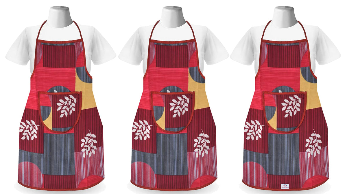 Heart Home Leaf Printed Oil Stain Resistant Cooking Kitchen Apron for Men Women with 1 Front Pocket, Pack of 3 (Pink)