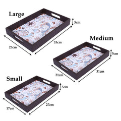 Kuber Industries Nested Serving Trays|Wooden Paisley Design Farmhouse Platter|Rectangular Shape Coffee Table Tray with Handles for Kitchen,Dining Area,Set of 3 (Brown)