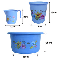 Kuber Industries Printed 3 Pieces Plastic Mug, Dustbin & Tub Set (Blue)