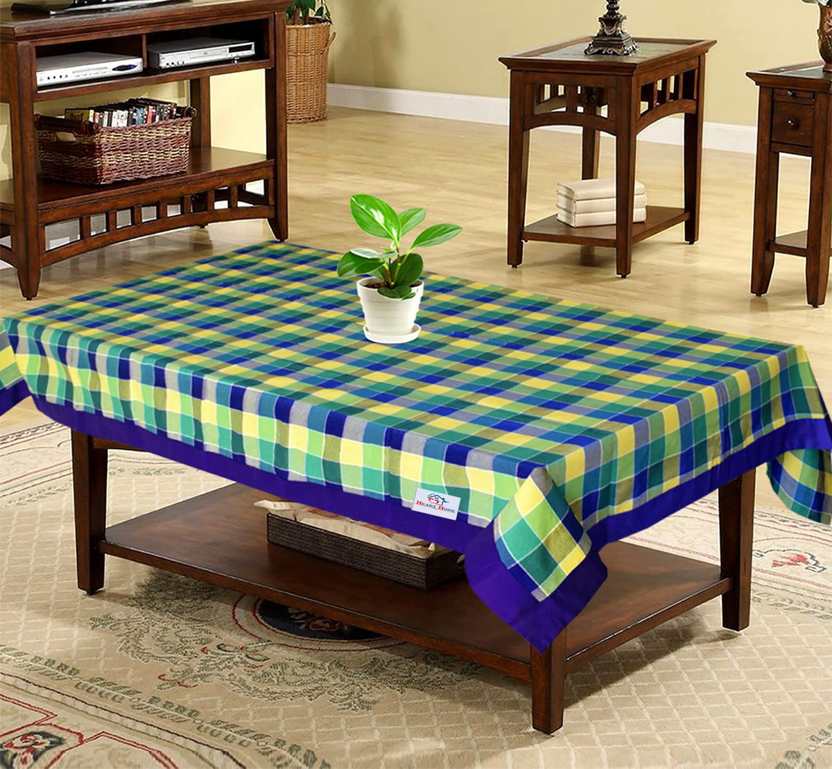 Heart Home Check Print Cotton Center Table Cover/Table Cloth for Home Decorative Luxurious 4 Seater, 60"x40" (Green) 54HH4257.