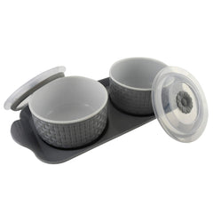 Kuber Industries Walnut Checkered Design Plastic Solitaire Serving Tray with 2 Multipurpose Snacks/Dry Fruit Air Tight Bowls with Lids (Set of 3, Grey)-KUBMART11087
