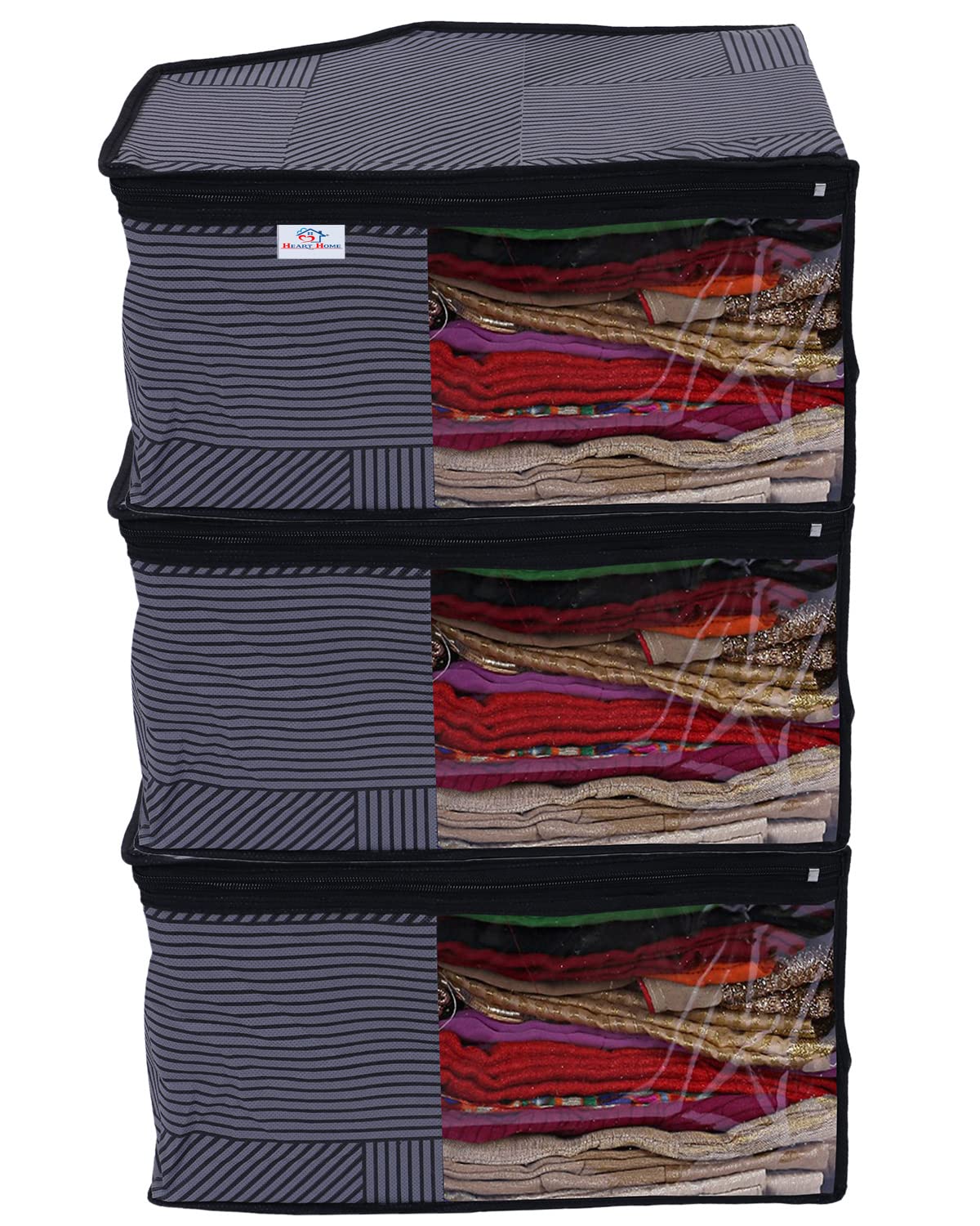 Heart Home Non-Woven Lining Print Foldable Blouse Cover|Clothes Organizer For Home & Traveling With Front Window Extra Large Pack of 3 (Gray)