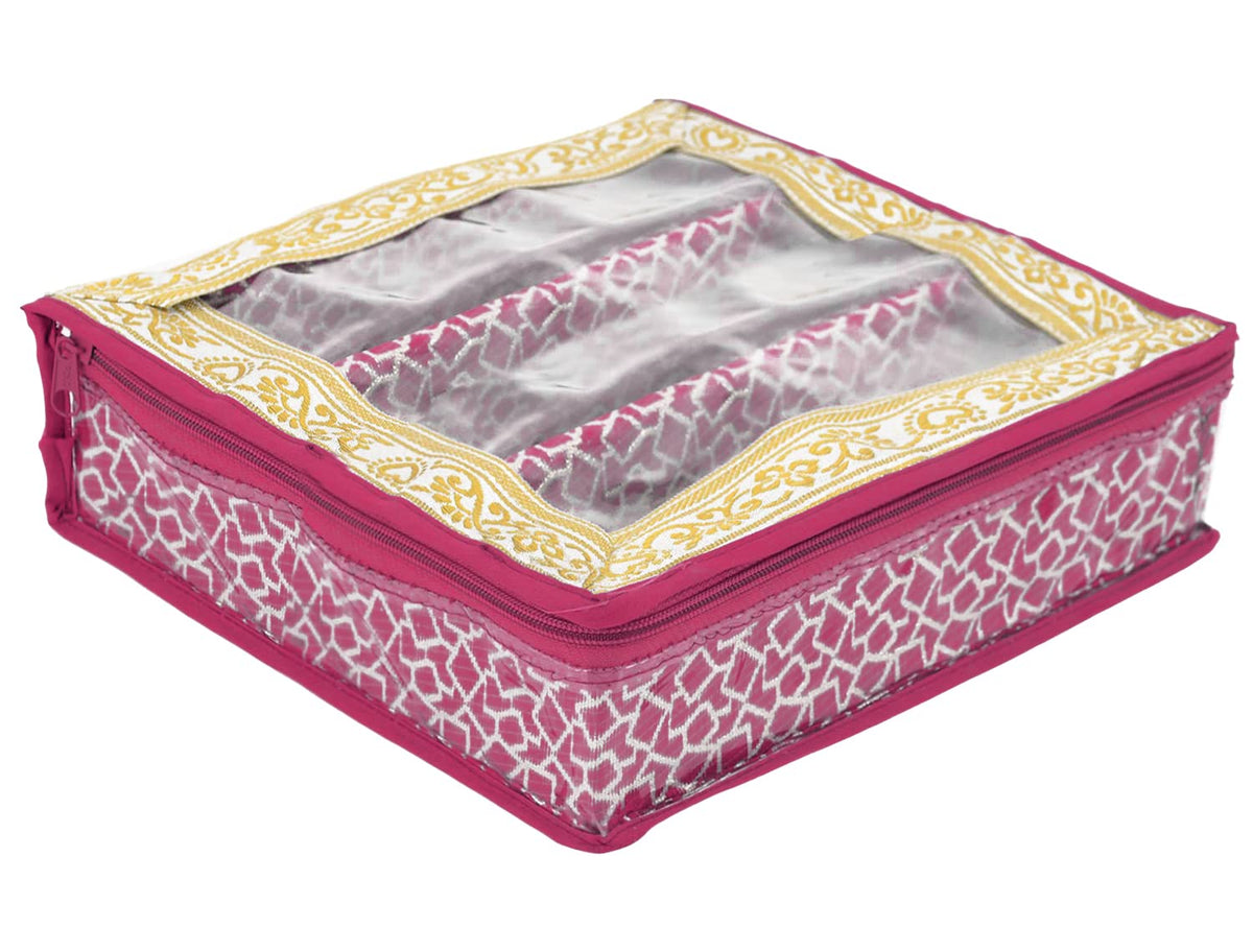 Kuber Industries Multipurpose Multi Square Design Laminated 3 Rod Bangle Box/Organizer/Case With Tranasparent Top (Pink)-47KM0297
