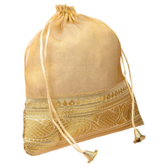 Kuber Industries Potli | Tissue Fabric with Banarasi Border | Wallet Potli | Traditional Indian Drawstring Bags for Wedding | Shagun | 7x9 Inch | Pack of 2 | Golden