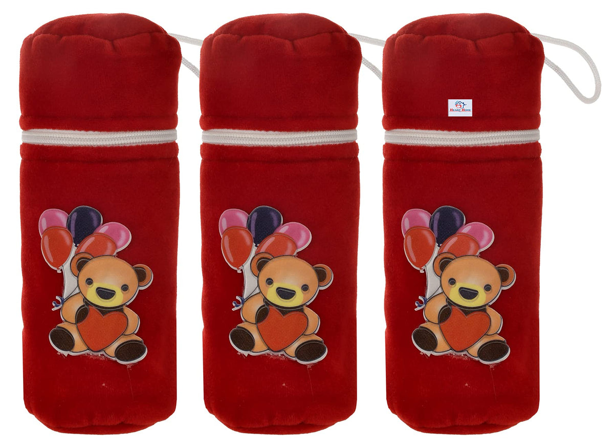 Heart Home Cartoon Printed Velvet Newborn Baby Feeding Bottle Cover, Pack of 3 (Red)