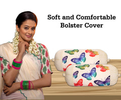 Kuber Industries Bolster Cover|Polyester Bolster Cover Set|Diwan Round Bolster Pillow Covers|Luxurious Butterfly Print Roll Masand Cover|Pack of 2 (Cream)