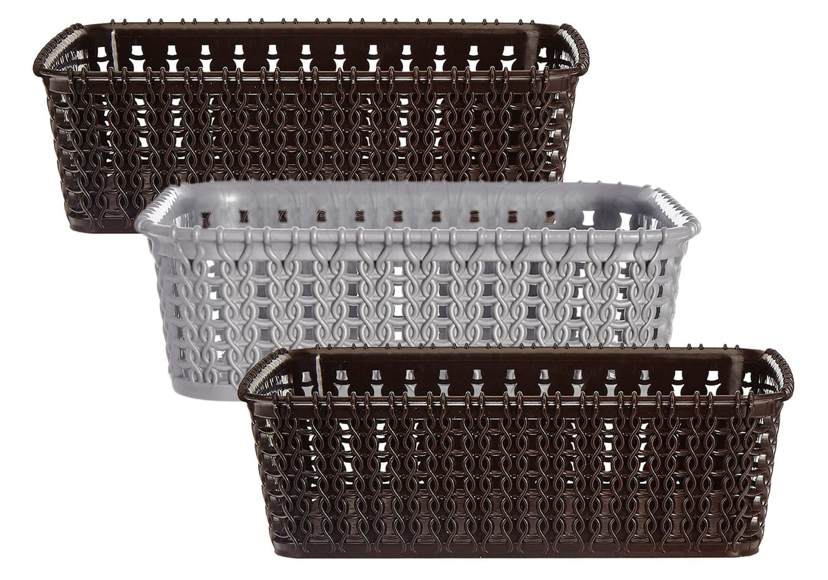 Heart Home Multipurposes Small M 15 Plastic Basket, Organizer For Kitchen, Countertops, Cabinets, Bathrooms Without Lid- Pack of 3 (Brown & Grey & Brown) -46HH0130