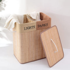 Kuber Industries Bamboo Basket With Lid|Foldable Laundry Basket For Clothes|Durable Rope Handles & Removable Bag|Natural|