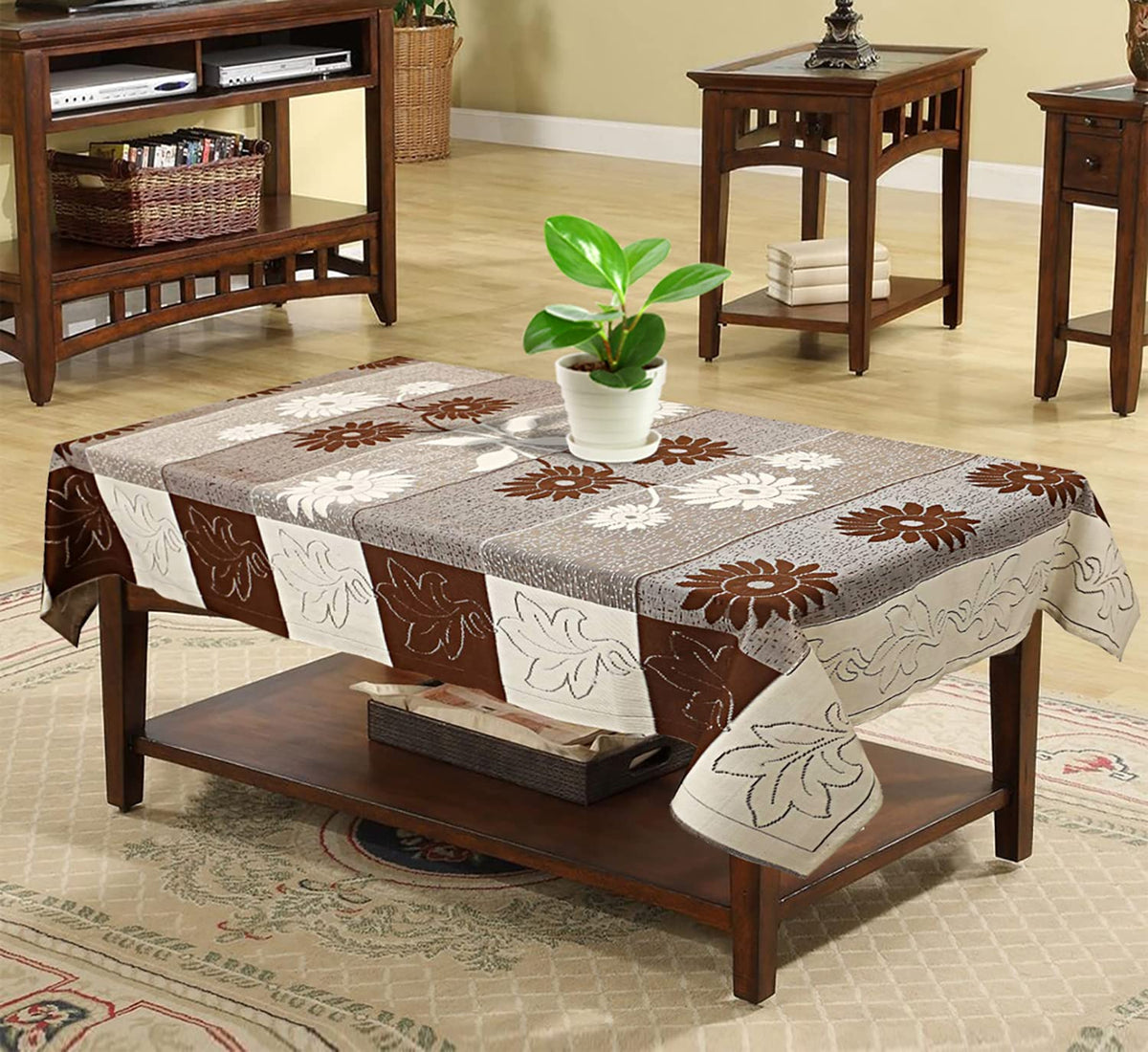Kuber Industries Flower Printed Cotton 4 Seater Center Table Cover,40"x60" (Brown & Cream)-44KM083