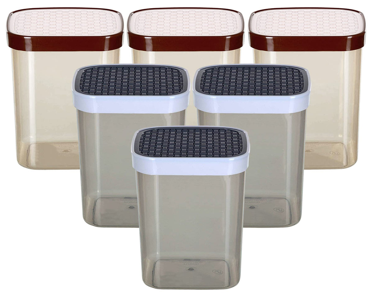 Kuber Industries Check Deisgn Lid Food Grade BPA Free Plastic Kitchen Container Set,1500ml, Set of 6 (White & Grey)