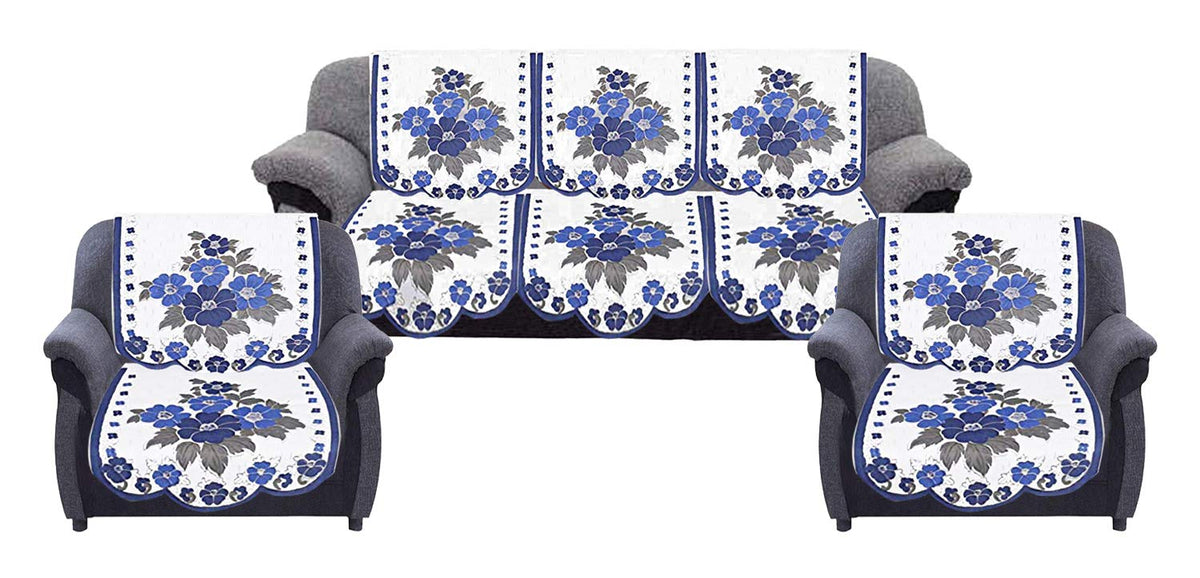 Kuber Industries Flower Cotton 6 Piece 5 Seater Sofa Cover Set (White and Blue) - CTKTC022269