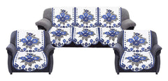 Kuber Industries Flower Cotton 6 Piece 5 Seater Sofa Cover Set (White and Blue) - CTKTC022269