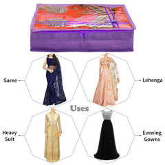 Heart Home Non-Woven Foldable Single Saree Cover, Wardrobe Organiser With Tranasparent Top- Pack of 3 (Purple)-44HH0336