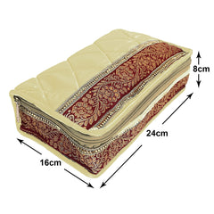 Heart Home Satin Flower Print Jewellery Organizer For Watches, Small Jewellery With 4 Pouches (Cream) 52HH3996