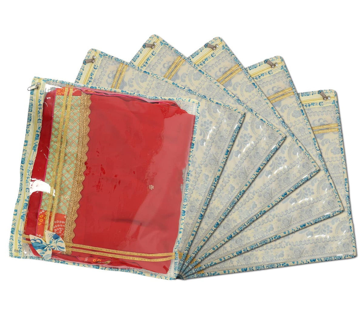 Kuber Industries Floral Print Non-Woven Single Saree cover For Store Saree, Lehenga, Suit With Transparent Top,Pack of 12 (Blue) 54KM4157