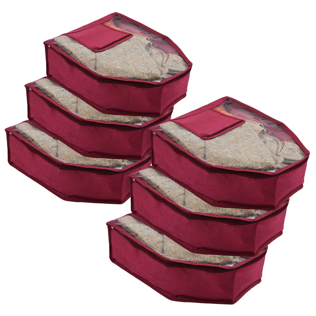 Kuber Industries Blouse Cover | Non Woven Foldable Wardrobe Organizer For Woman | Cloth Organizer Top Transparent & One Small Pocket | Pack of 6 | Maroon