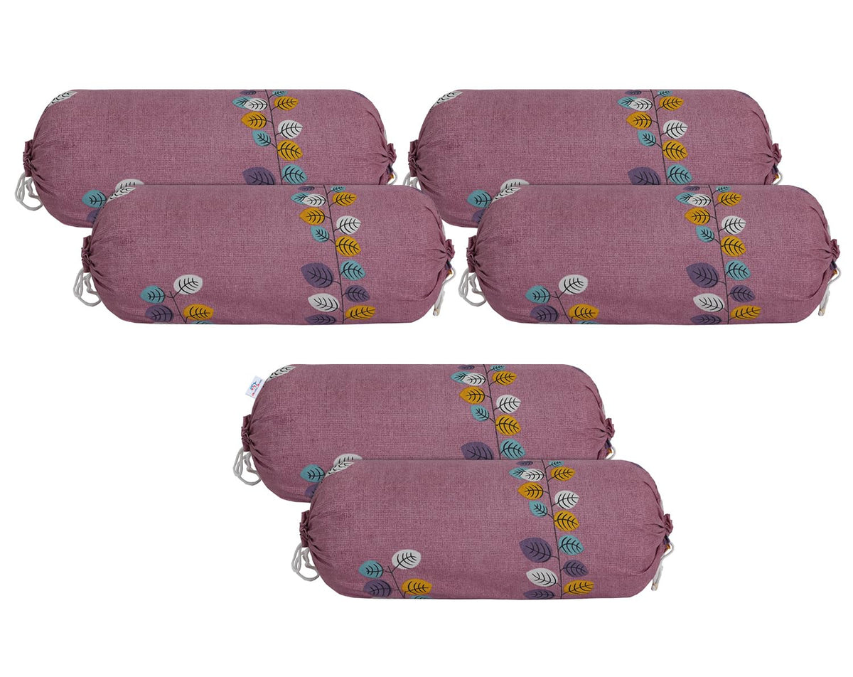 Heart Home Bolster Cover|Soft Cotton Bolster Cover Set|Diwan Round Bolster Pillow Covers|Luxurious Leaf Print Roll Masand Cover|16x32 Inch|Pack of 6 (Pink)