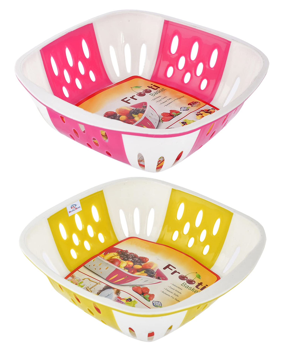 Heart Home Medium Multi-Purpose Plastic Storage Baskets for Fruits Vegetables and Kitchen Fridge Dining Table- Pack of 2 (Pink & Green)-HS42KUBMART25310
