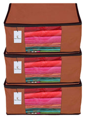 Kuber Industries 3 Piece Non Woven Fabric Saree Cover Set with Transparent Window, Extra Large, Dark Brown-CTKTC23767