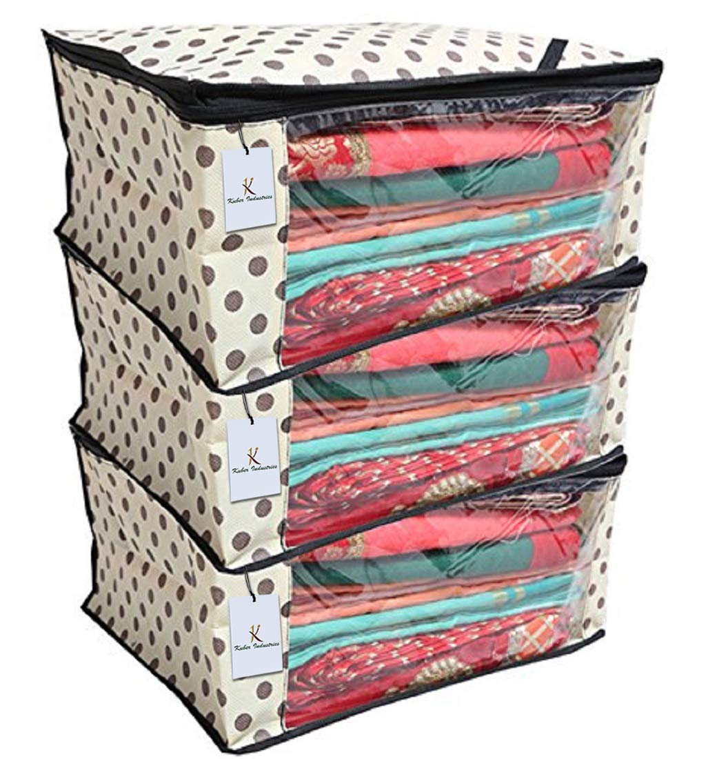 Kuber Industries 3 Pieces Polka Dots Designer Non Woven Saree Cover Sets, Lvory