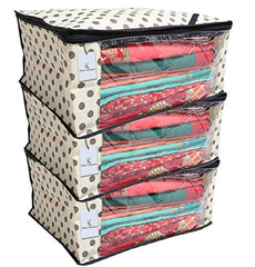 Kuber Industries 3 Pieces Polka Dots Designer Non Woven Saree Cover Sets, Lvory