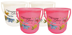 Kuber Industries Floral Print 4 Pieces Unbreakable Strong Plastic Bathroom Bucket 16 LTR (White & Pink) -CTKTC042868