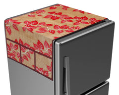 Kuber Industries Leaf Print PVC Fridge Top Cover with 6 Utility Side Pockets (Red)
