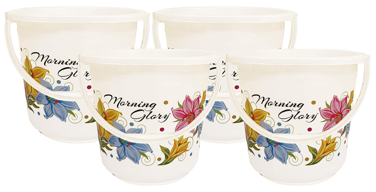 Kuber Industries Floral Print 4 Pieces Unbreakable Strong Plastic Bathroom Bucket 16 LTR (White) - CTKTC042834