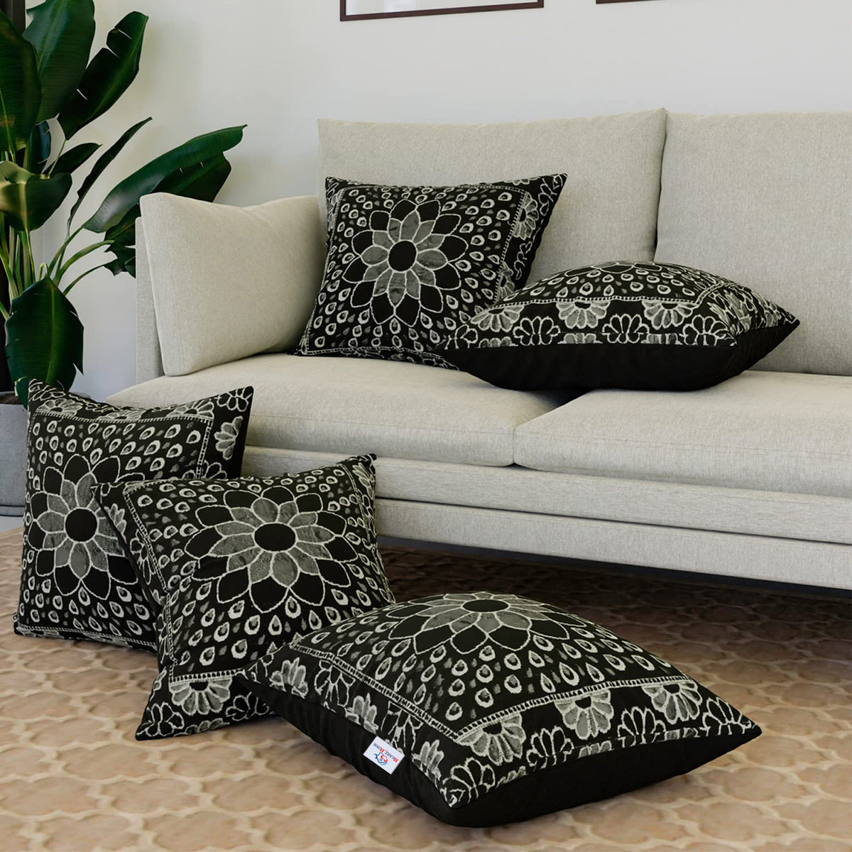 Heart Home Cushion Cover | Sofa Cushion Covers | Embossed Square Cushion Covers | Velvet Cushion Covers | Couch Cushion Covers | Set of 5 | 16 Inch | Black